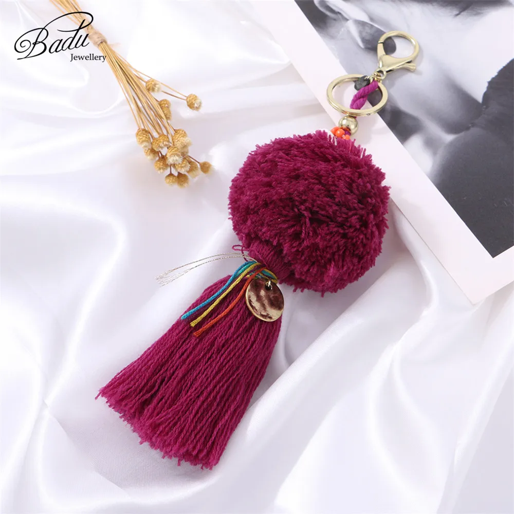 Badu Pompom Key Chain Purple Cotton Tassel Vintage Statement jewelry Shell Fringe Autumn Winter Wholesale | Украшения и