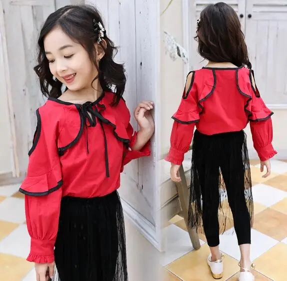 Girls' Summer Off Shoulder Blouses - Kids' White Shirts for Children Clothes - Infant Tops Girls' Blouses - Blusas Red Shirt image 5