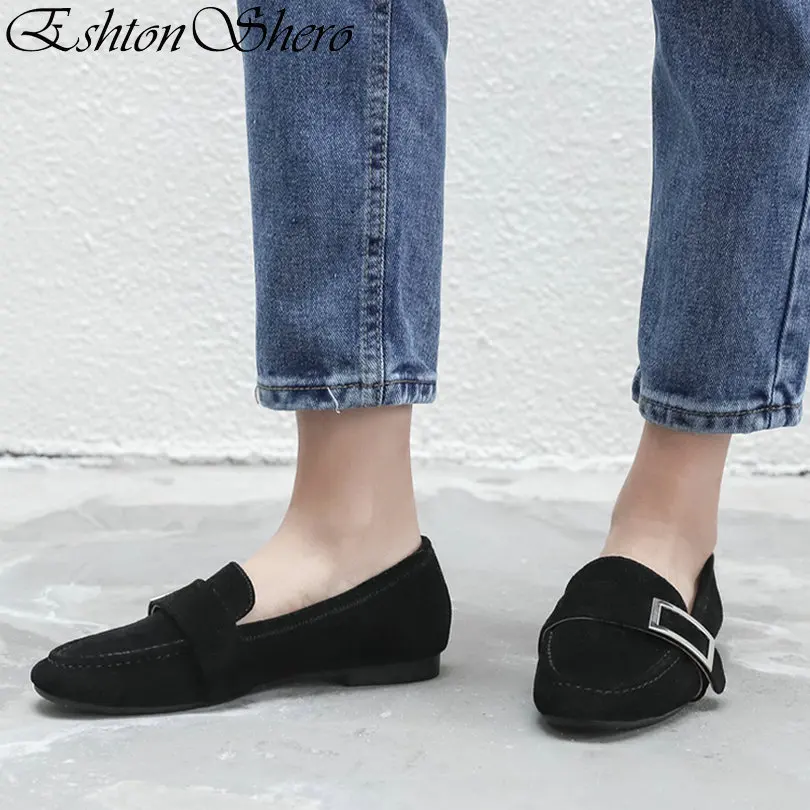 

EshtonShero Concise Women's Flats Shoes Woman Cow Suede+PU Flat Heels Round Toe Slip On Khaki Ladies Wedding Shoes Size 3-11