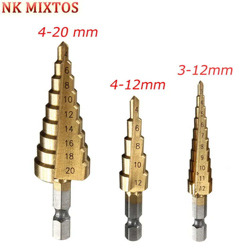 NK MIXTOS 3-12MM/4-20MM/4-32MM Metric Spiral Flute Step HSS Steel 4241 Cone Titanium Coated Drill Bits Tool Set Hole Cutter
