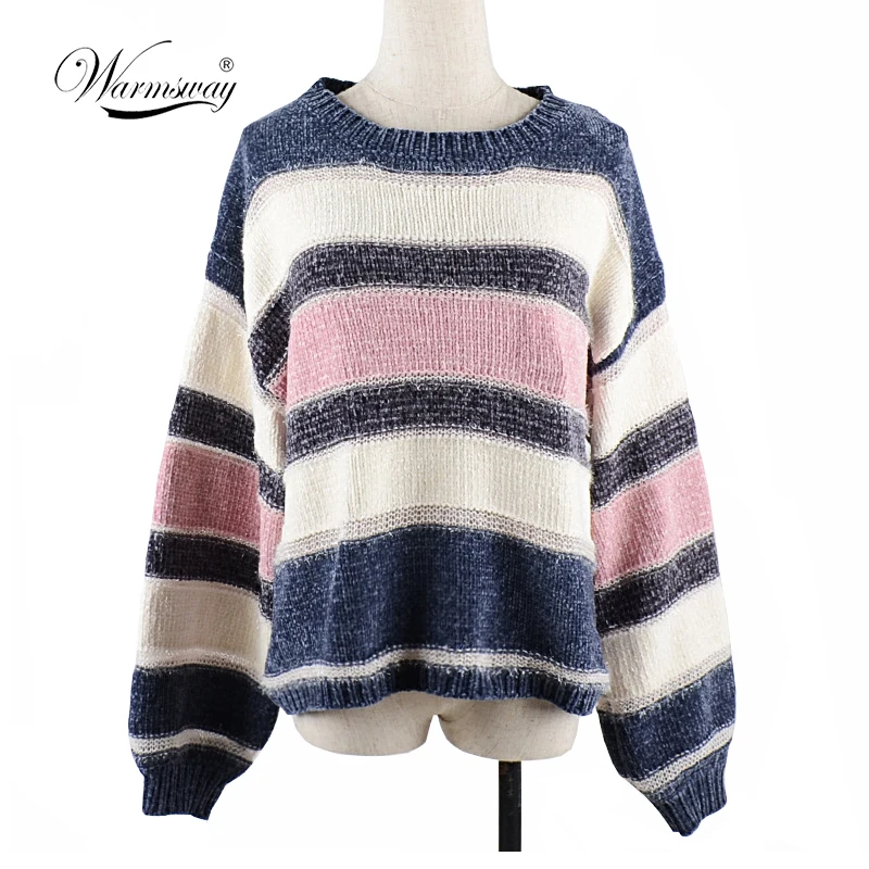 2018 Korean New Winter Hollow out Sweaters Woman Vintage Hit Color Stripe Loose Pullover Sweater Female Casual Jumpers C-238