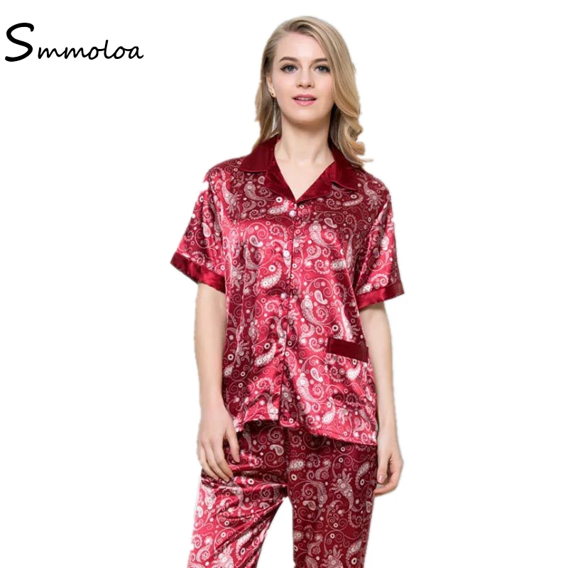 Smmoloa Silk Pajamas Floral Printed Short Sleeve Long Pants Set Pyjamas