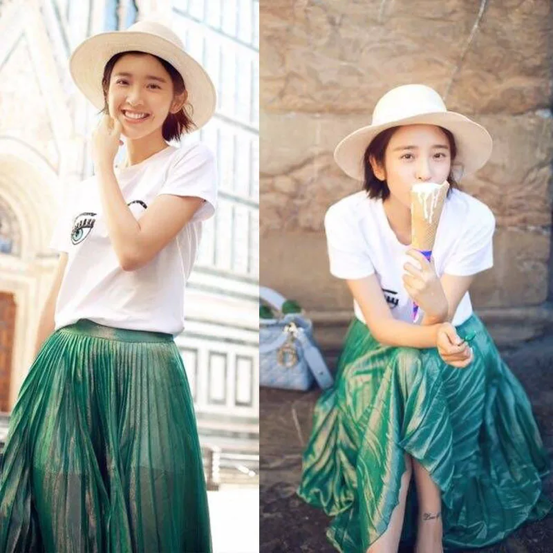 

Spring 2019 Star Tang Yixin Has The Same Green Half-body Skirt and 100-fold Long Skirt Empire Mid-Calf Pleated Skirt Women
