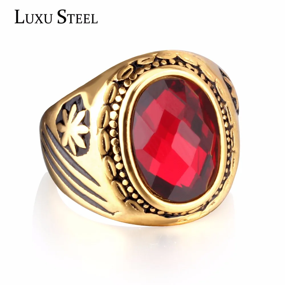 

LUXUSTEEL Female Red Crystal Stainless Steel Gold Color Wedding Rings Trendy Style Fashion Rings For Women Gift