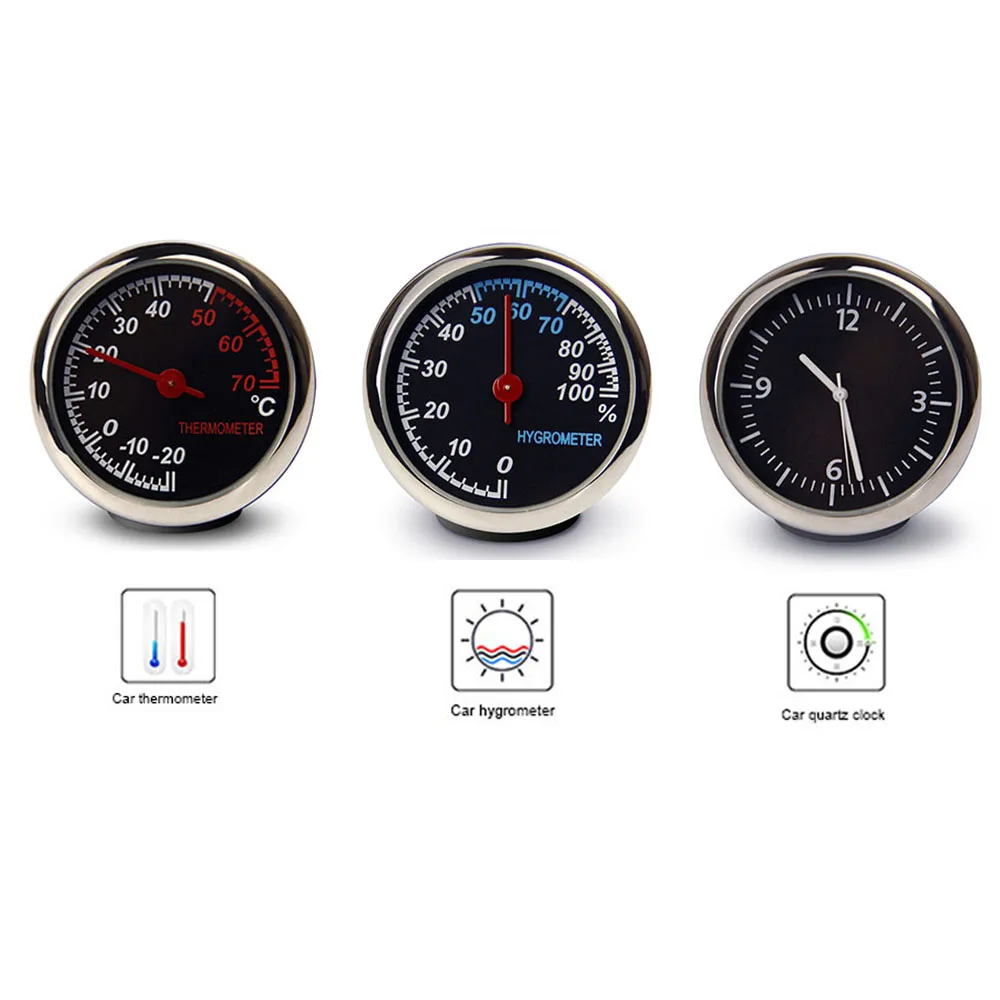3Pcs Car 4cm Quartz Hygrometer Time Clock Temperature Thermometer