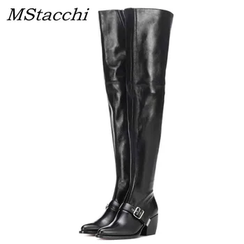

Mstacchi New Over The Knee Boots Women Pointed Toe Thick Heel Boats Mujer High Quality Leather Belt Buckle Thigh High Boots34-44