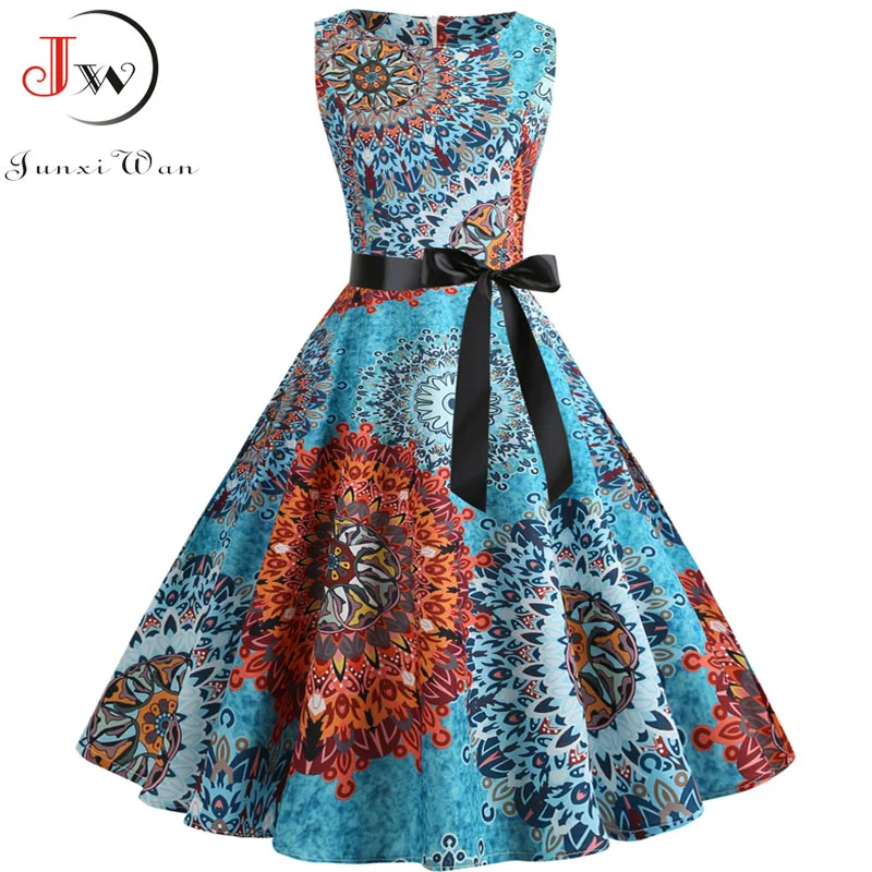 

2019 Summer Boho Dress for Women Sleeveless Big Swing 60s 50s Rockabilly Robe Vintage Dress Female Pin Up Party Dress with Belt