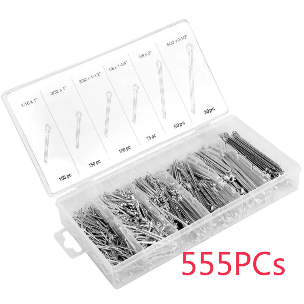 

Hot Sale 555pcs 6 Types Stainless Steel Assortment Cotter Pins Assortment Clip Key Kit Set with Box Fastener Pins