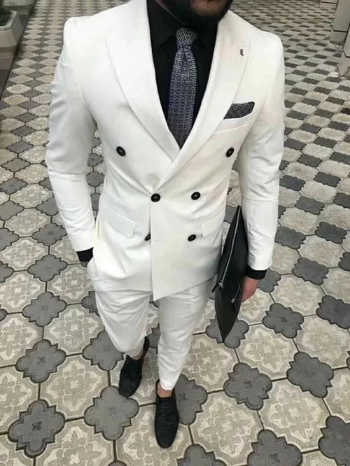 

Off White Double Breasted Mens Suits With Pants Slim Fit Blazer Masculino 2 Piece Suit Men For Business Street Casual Suit