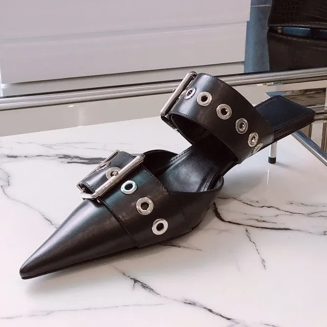 

Pointed Toe Women Rivets Pumps Luxury Brand Buckle Decor Slip-on Thin Heels Shoes Plus Size Woman Motorcycle Punk Pumps Shoes