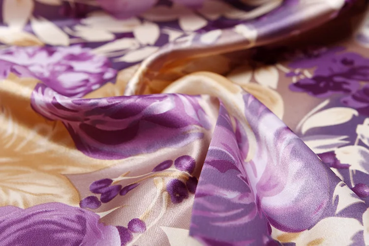 Модный Фиолетовый шарф для волос для женщин цветочный принт Шелковый сатиновый хиджаб шарфы 90 см квадратные шали шейный платок шарфы для женщин