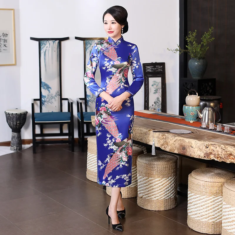Китайское вечернее платье Ципао с рисунком павлина, длинное китайское атласное платье в стиле ретро, саморазвитие qipao, банкетное платье для подиума - Цвет: Blue