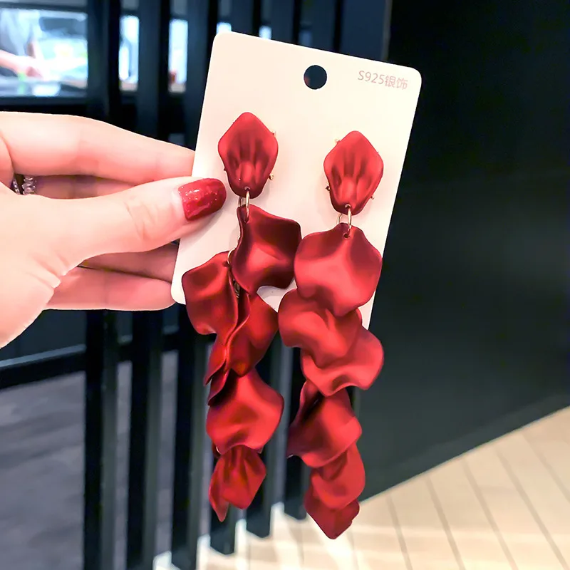 

Shiny side new design fashion jewelry rose petals long tassel earrings for woman exaggerated earring for party