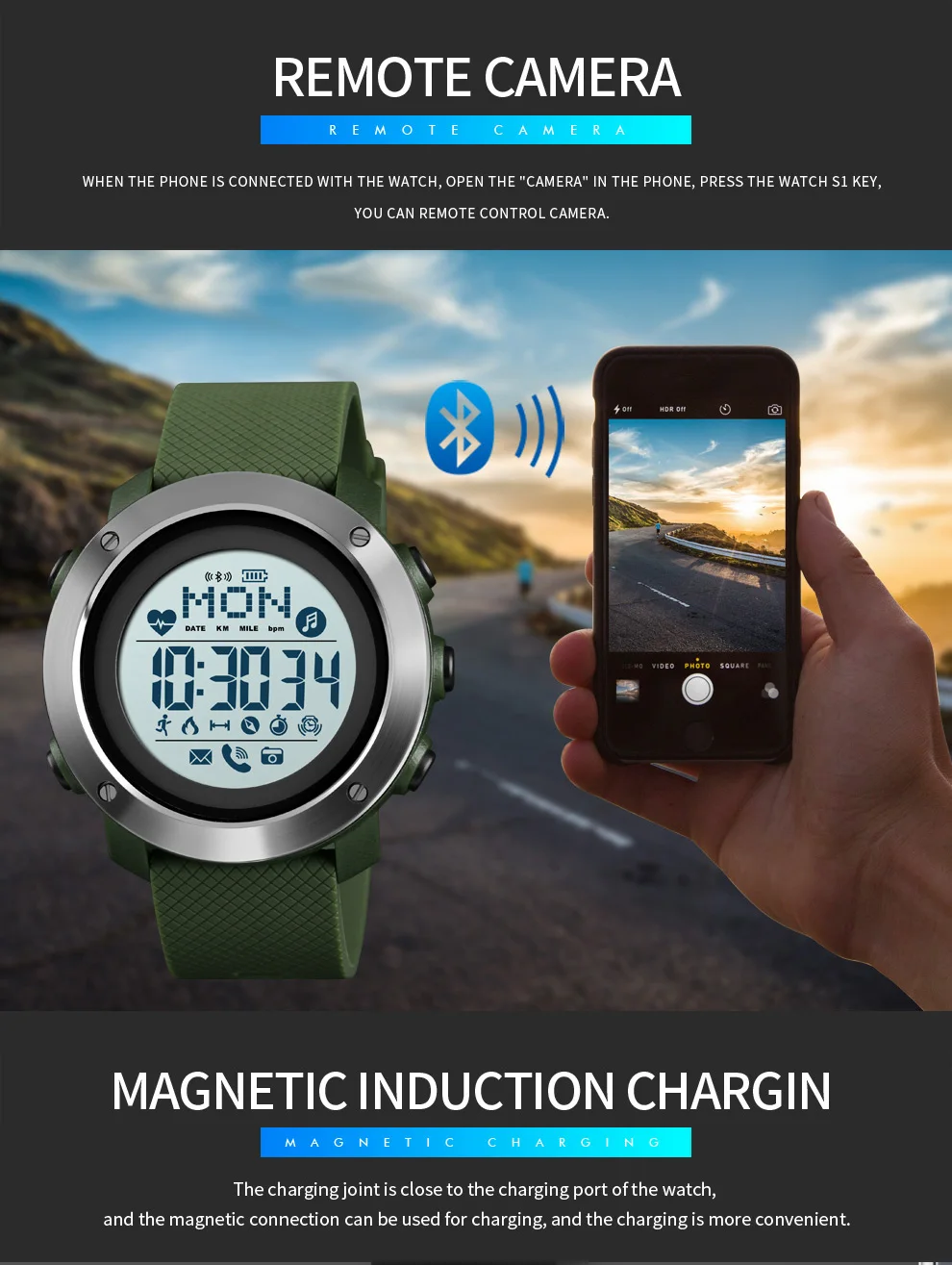 SKMEI спортивные Смарт-часы мужские часы водонепроницаемые стальные кольца Bluetooth Магнитная Зарядка электронный компас Reloj Inteligent