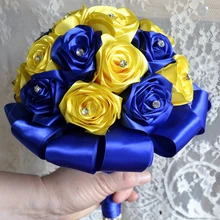 Невеста букет sil лента розы руж цветок ручной работы свадебный букет потрясающий желтый и синий свадьба роуз рамос де novia