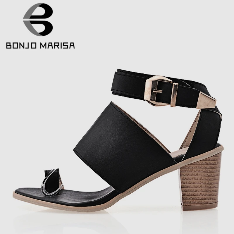

BONJOMARISA New Large Size 32-43 Cool Mature Black Women Chunky Heels Sandals 2020 Summer Elegant Buckle Shoes Woman High Heels