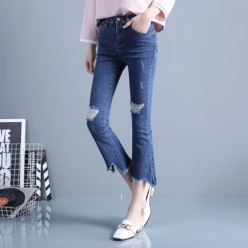 2017 summer new fashion female hole with tassel high waisted jeans pants calf length small flares