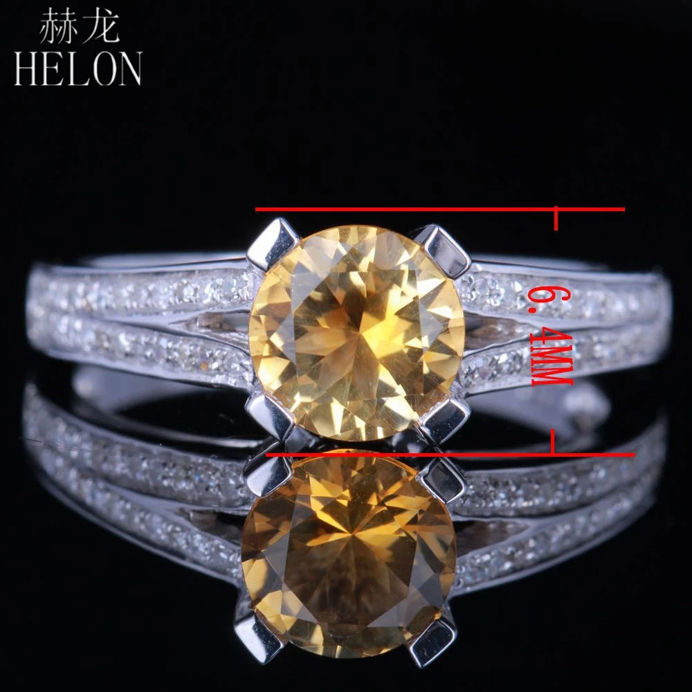 HELON Solid 14 K(585) белое золото безупречный 6,5 мм круглый настоящий цитрин натуральный бриллиантовый камень обручальное свадебное Ювелирное кольцо