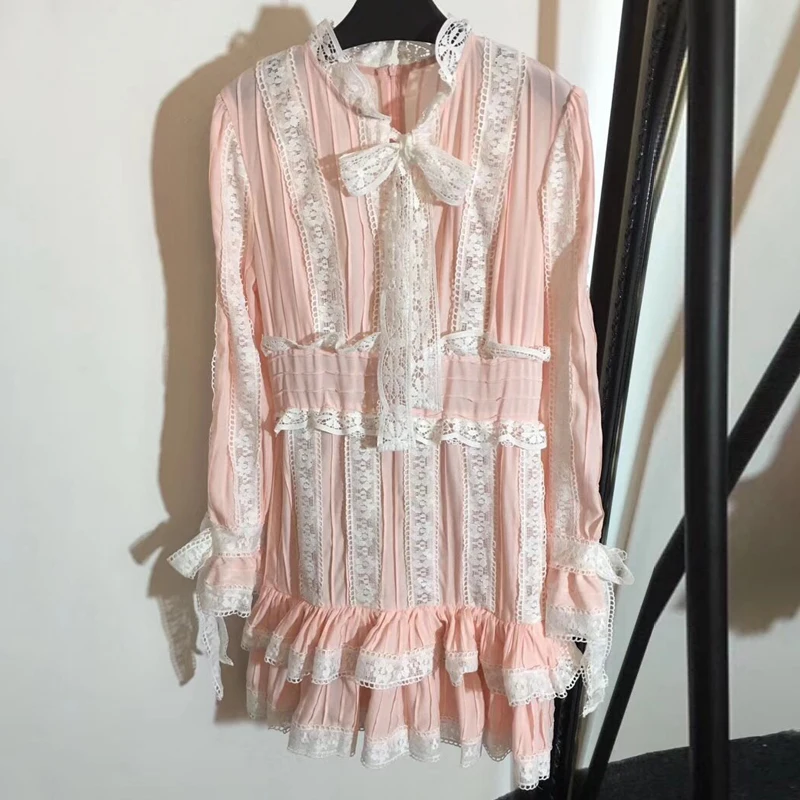 

Women Sweet Style Dress For Spring Bow Collar Lace Full Sleeve Dress Mini 2019 Elegant Dress Women