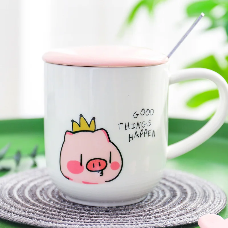 400ml Cute cartoon pink pig ceramic mug with lid spoon,Porcelain Mugs Personality Ceramic Coffee Cup Fun TeaCup Drinkware - Цвет: 03