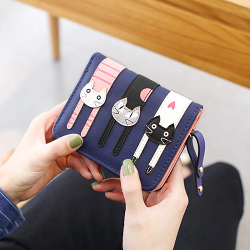 Милый короткий женский кошелек на застежке с изображением кота из мультфильма, Женский кошелек для денег, держатель для кредитных карт, отделение для монет, брендовая модная маленькая сумка - Цвет: Blue