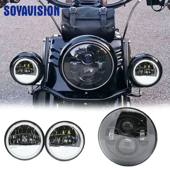 

Set 7 Inch Round Motorcycle Projector Motor LED Headlight With 7" Bracket Mounting + 4.5" Black Halo Ring Passing Fog Light