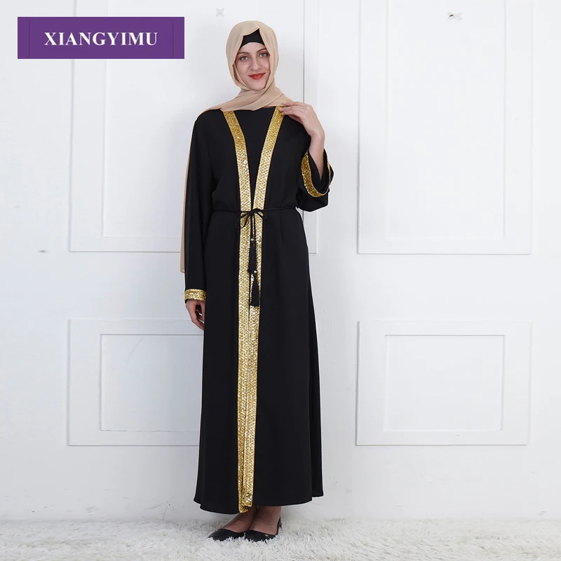 F811 Золотая Тисненая Печать мусульманские женщины Дубай абайя черный Халат кардиган с длинными рукавами