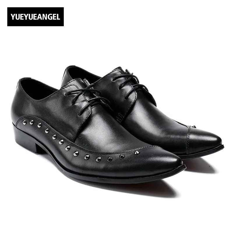 

British Business Office Work Black Formal Shoes Men Lace Up Rivet Pointed Toe Party Dress Shoes Male Genuine Leather Footwear