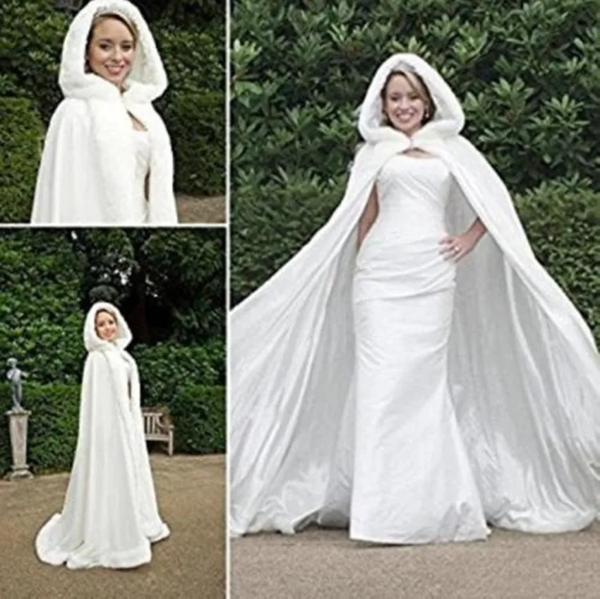 Women/'s Champagne Bridal Cloak Hooded Satin with Faux Fur Wedding Cape Shawl