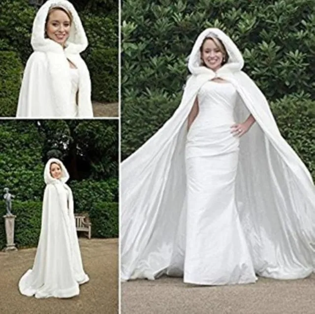 Reviews Bridal Winter Hooded Faux Fur Trim Satin Wedding Jacket Cloak Shawl Cape Mantles Wraps in White Ivory