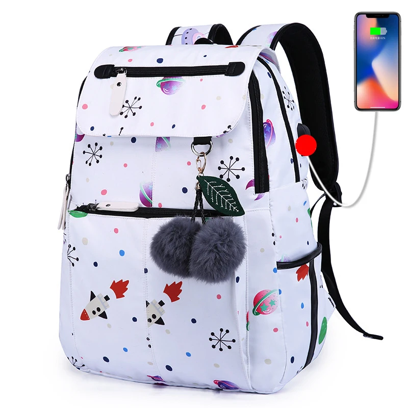 Fengdong, женские милые рюкзаки с принтом для девочек-подростков, школьные сумки, черный USB рюкзак, дорожные сумки, женская модная сумка для ноутбука - Цвет: planet white