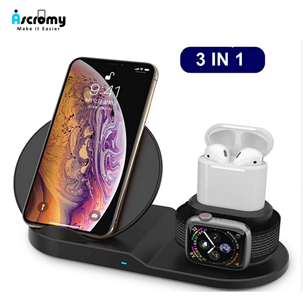 

Ascromy Wireless Qi phone Holder Charger 10W For Apple Watch Series 4 3 2 Iphone XS MAX XR 8 Plus X 8+ Iwatch Airpods pad Dock