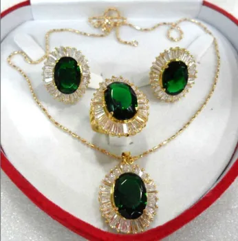 

fine 10*14mm green zircon earring pendant ring #7,8,9 AA1013 jewelry set