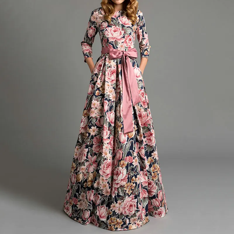 

ZOGAA Bohemian Style Floral Long Women Dress O-neck Three Quarter Sleeve Floral Printed Big Hem Dress Elegant Party Vestidos De