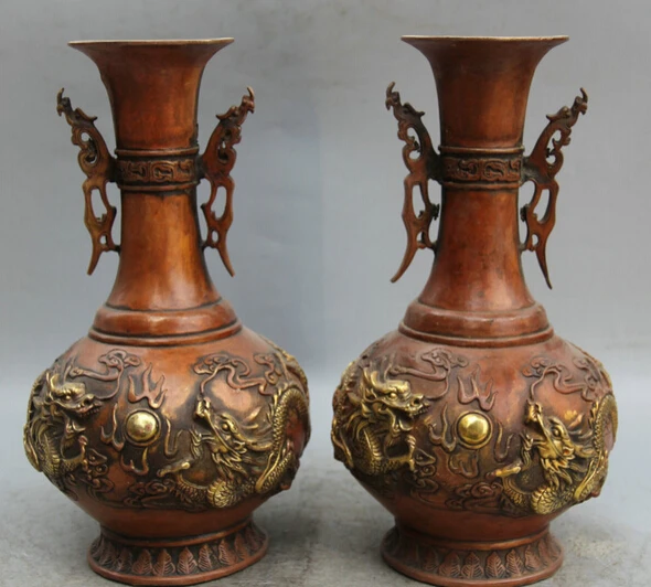 

JP S0524 12" Marked Chinese Bronze Gild Two Dragon play bead flower Bottle Vase Pair
