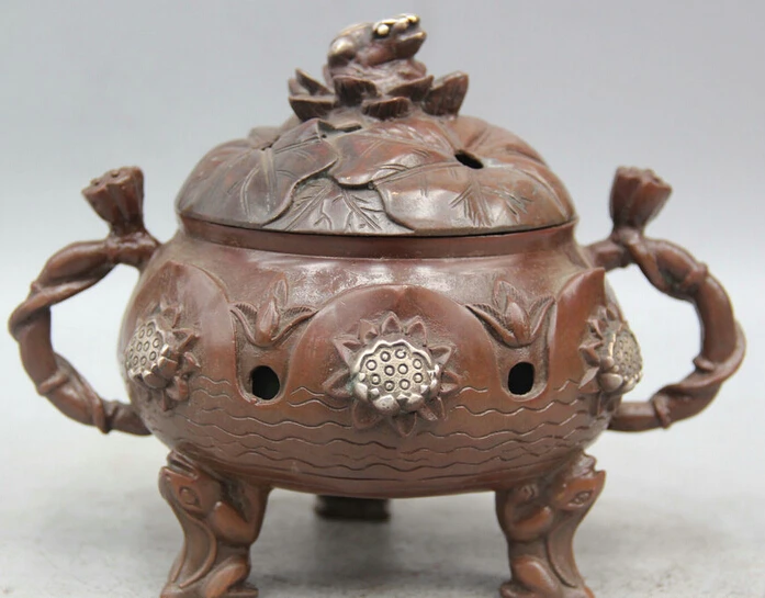 

JP S62 7" Chinese Purple Bronze Silver 3 Foot handle lotus Frog Incense Burner Censer