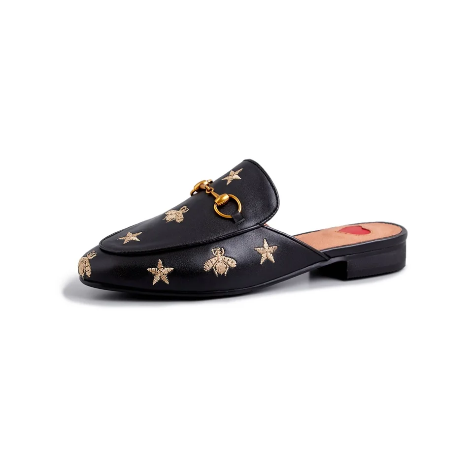 

2019 summer women's slippers real leather fabric comfortable inner metal chain decoration mules embroidery women slippers