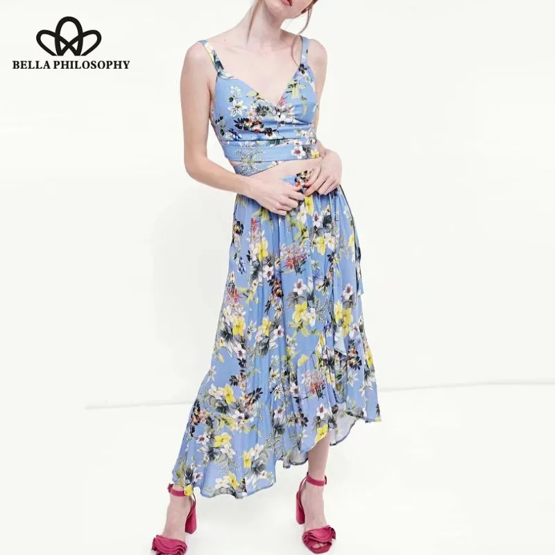 Wonder 2018 new summer Bohemian Crop Tops women set  beach printed lace up tank top set women pleated ruffles skirt set