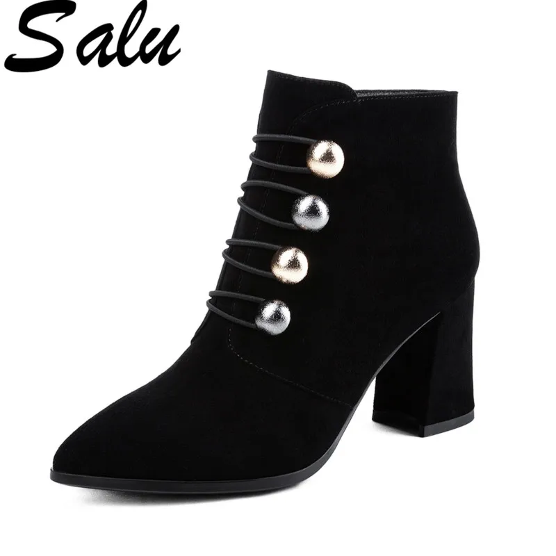 

Salu Autumn Winter Boots Women Kid Suede Leather Ankle Boots Fashion Elegant Zipper Party Shoes Woman Solid Pointed Toe Boots