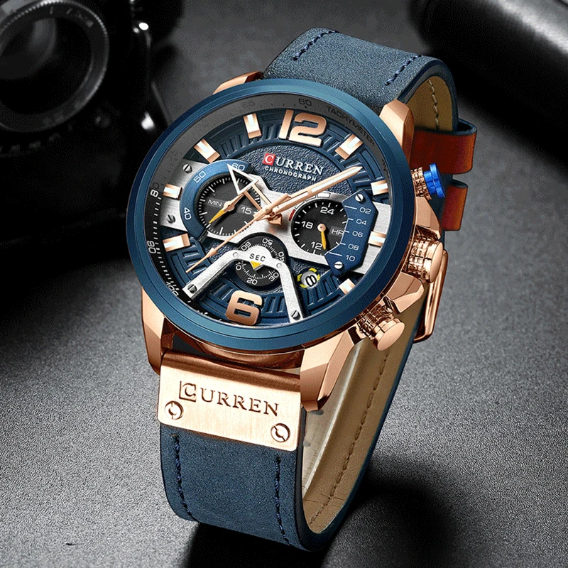 Kaufen Top Marke Luxus 8329 CURREN Casual Sport Uhren für Männer Blau Leder Armbanduhr Mann Uhr Mode Chronograph Armbanduhr