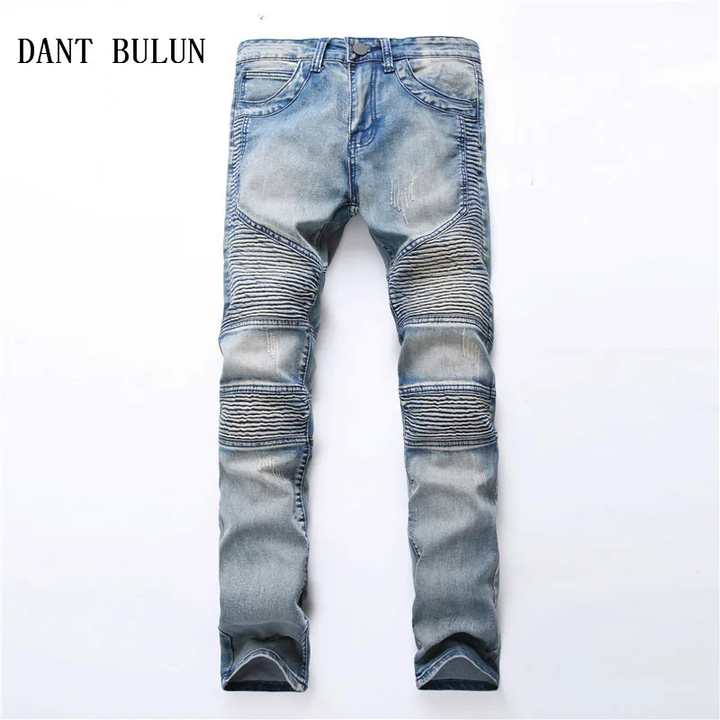 DANT BULUN мужские байкерские джинсы стрейч прямые обтягивающие эластичные синие хаки джинсовые джинсы мужские хип хоп мотоциклетные плиссированные брюки - Цвет: Серый
