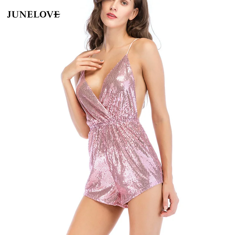 Wonder vintage spaghetti straps pink sequined sexy back open women jumpsuit playsuit V-neck Ladies elastics Elegant Rompers 2019