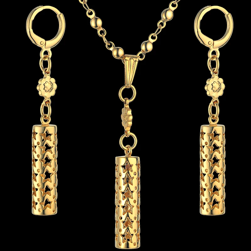 

Bridal Jewellery Set Hollow Cylinder Drop Earrings And Necklace Sets Gold/Silver Color Costume Dubai Gold Jewelry Set For Women