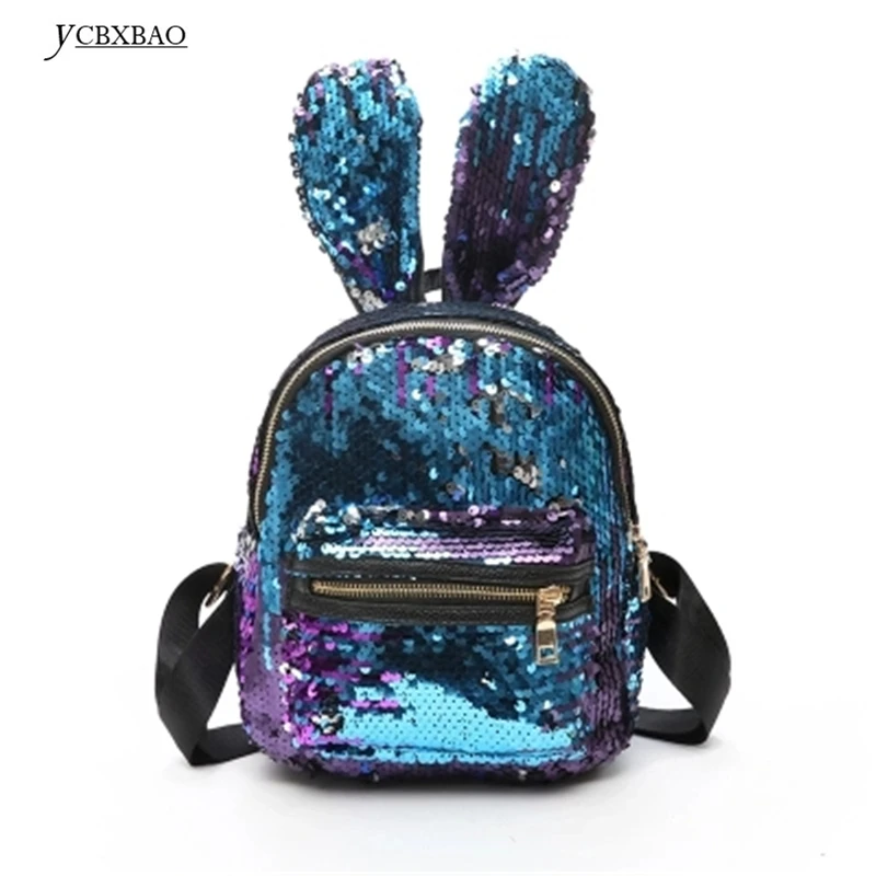 

2018 Women's Small Leather Backpacks Mini Back Pack Sequins Cute Rabbit Ears Female Shiny Backpack with Sequins;rugzak vrouwen