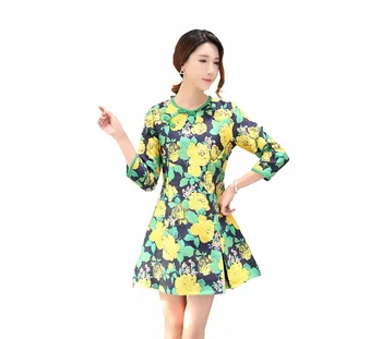 

Shanghai Story 3/4 Sleeve Cheongsam Chinese Traditional Clothing None Elastic Fabric Round Neck Chinese Women's Qipao Dress