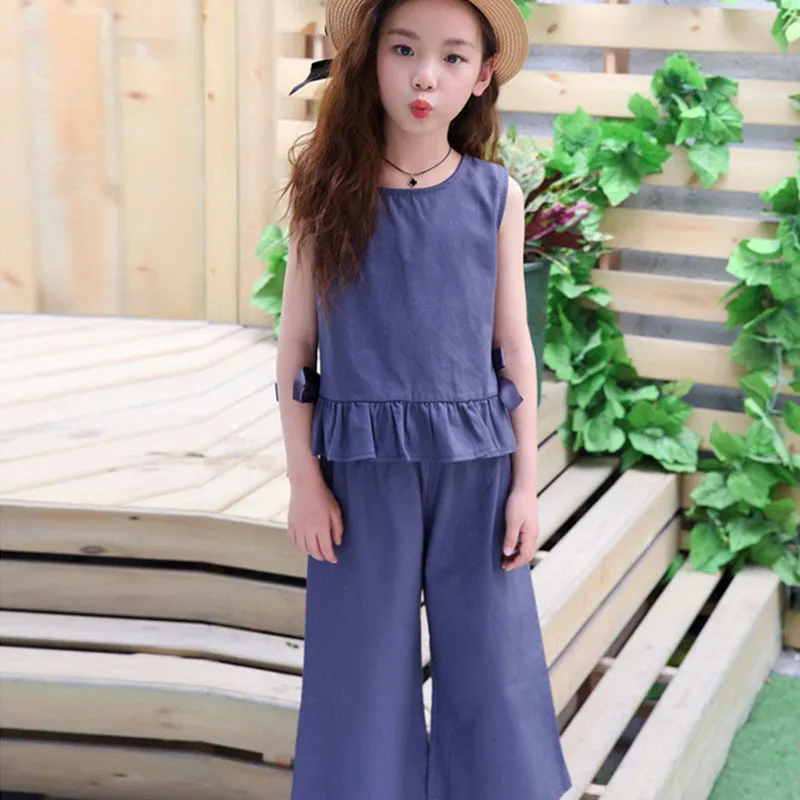 

ruffles 2 pcs t-shirts pants kids suits big kids clothing sets girls vest tops wide led pants toddler children clothing 2018