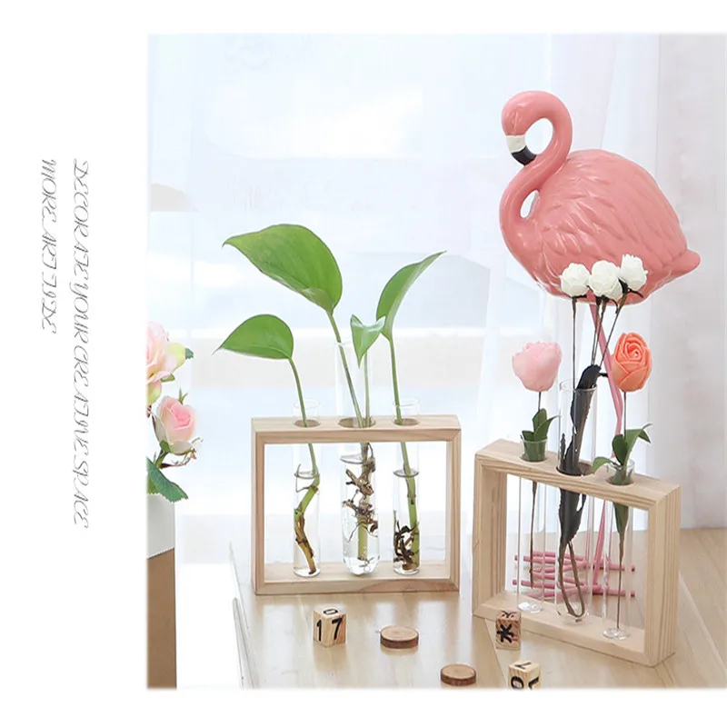 

Nordic Glass Vase wood stand Tabletop Vase Hydroponic Test Tube Pot For Water Planting Flower Arrangement DIY home Office Decor