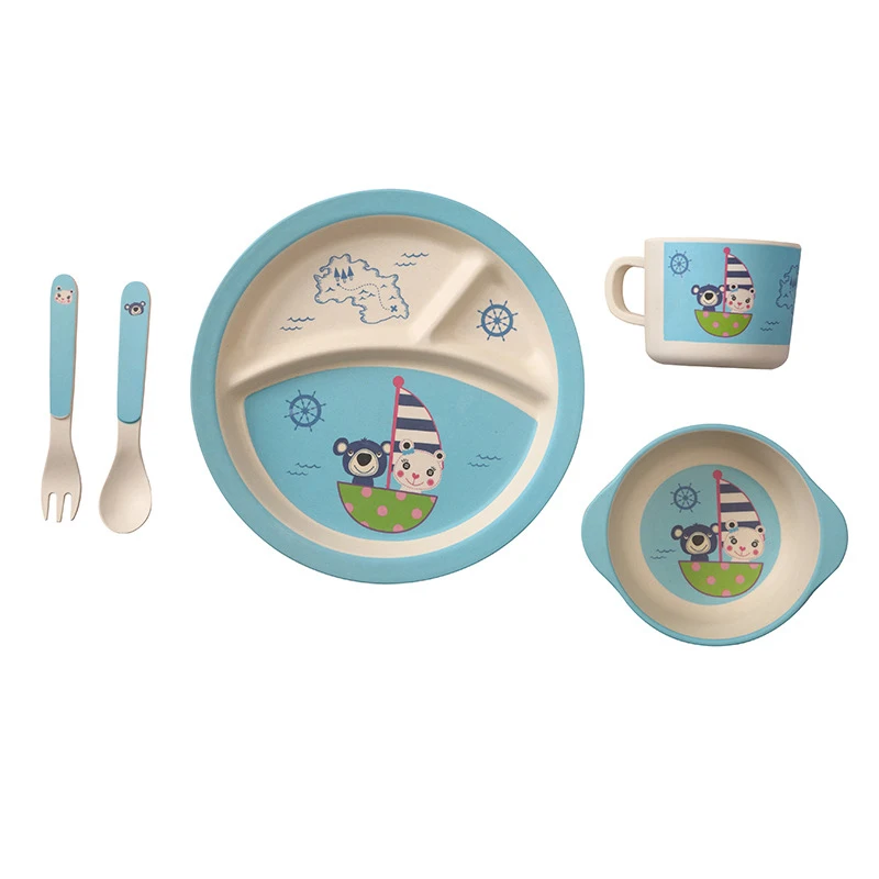 5 PcsSet Baby Bamboo Fiber Dinnerware Eco-friendly Children Feeding Food Plate With Cup Spoon Fork Food Storage Plate BB5120 (9)