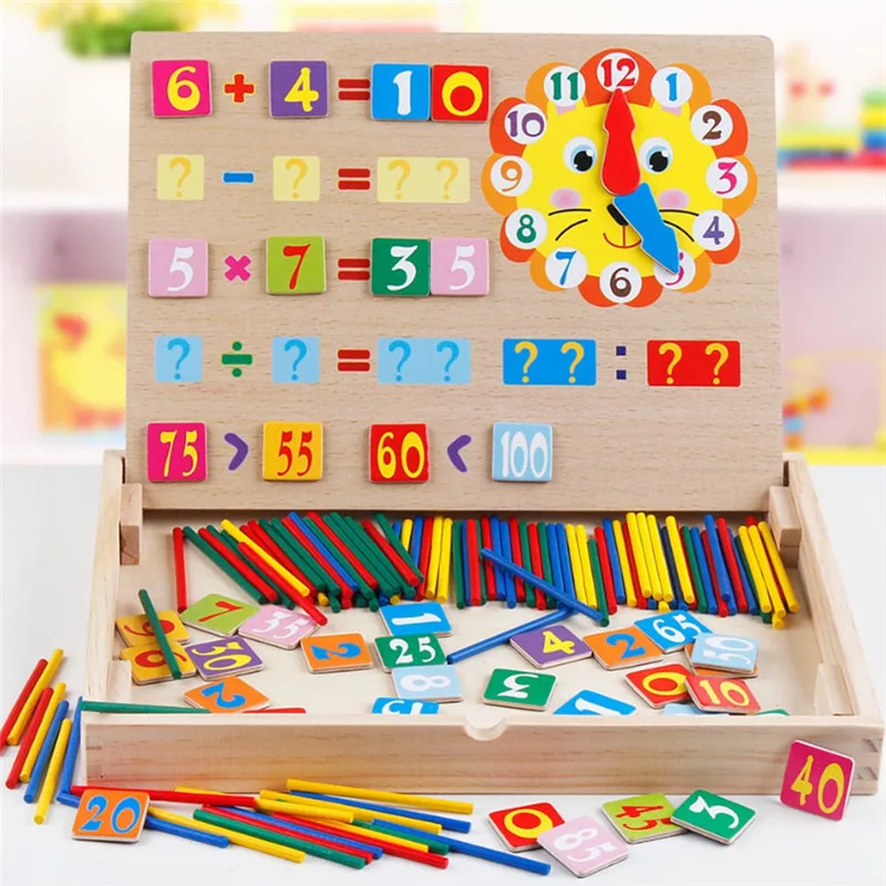 Children's Educational Toys Multipurpose Math Counters Skill and Drawing Box Wooden Blocks Early Education Toys for Children