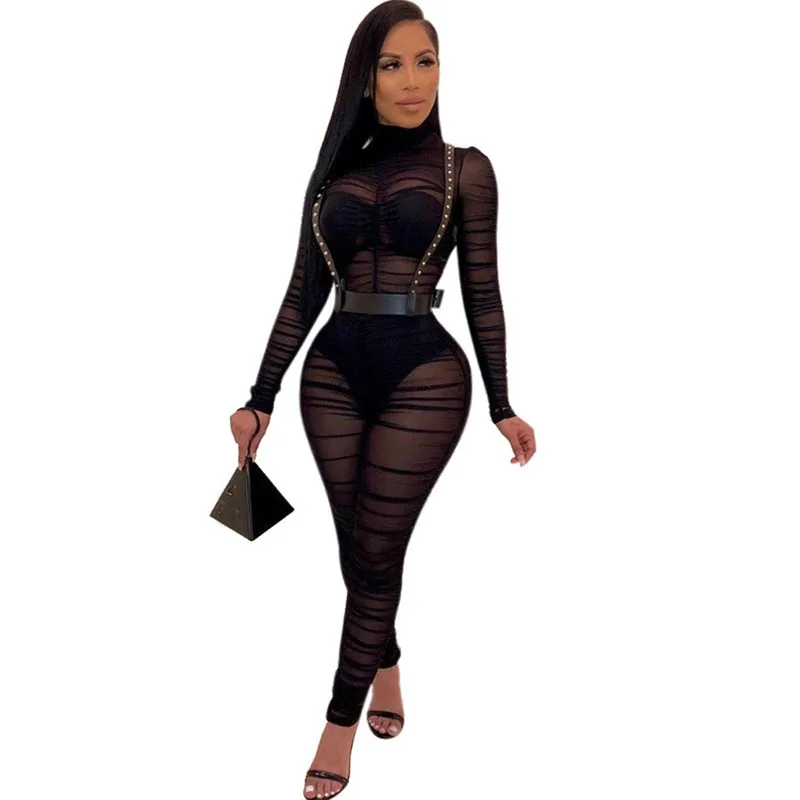 

2019 Women Sheer Mesh Sexy Jumpsuit Long Sleeve Turtleneck Skinny Bodycon Romper See Through Ruched Party Club Overalls Outfits